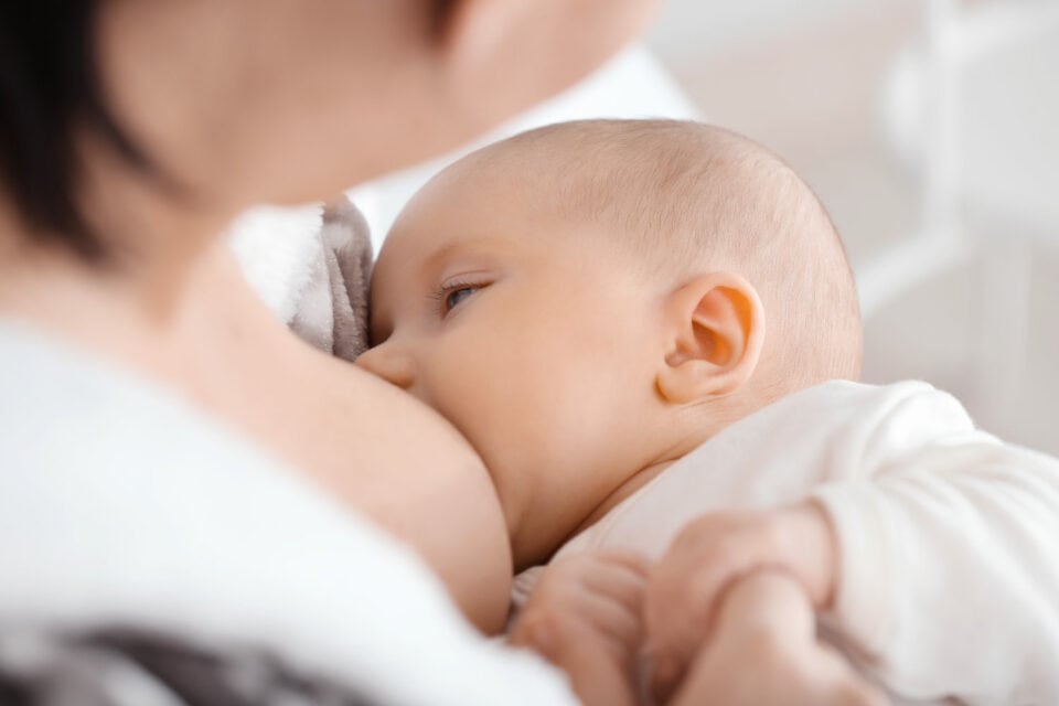 A close-up of a Tampa baby breastfeeding after a lactation consultant, cradled in the arms of their mother, capturing a moment of maternal bonding and nourishment.